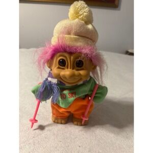 Vintage Russ Troll Doll Born to Ski Pink Hair with Poles Beanie Scarf 90s Toy